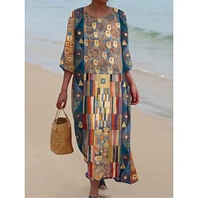 Damen Maxi Kleid Kaftan 3/4 Länge Ärmel Rundhalsausschnitt Lässiges A-Linie Kleid Kleid Boho Grafisch Geometrisch Gelb Rot Hellbraun Braun