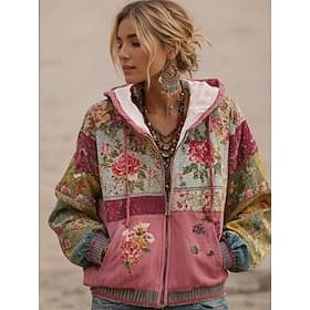 Sudadera con capucha de patchwork bohemio vintage para mujer impresión en 3D sudadera con flores cierre con cremallera gráfica floral moda casual de manga larg