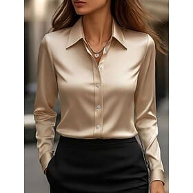 Women's Satin Shirt Dress Shirt Work Shirt Button Up Shirt Solid Color Plain Elegant Fashion Casual Long Sleeve Turndown Shirt Collar Regular Tops Work Party E