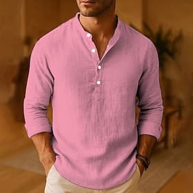 Men's Shirt Linen Shirt Popover Shirt Casual Shirt Cotton Shirt Plain Streetwear Vacation Black White Pink Orange Long Sleeve Band Collar Spring Fall Clothing