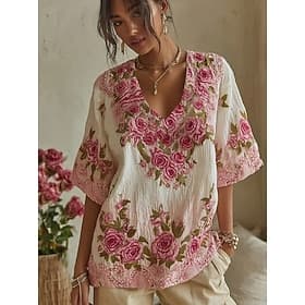 T-shirt 3D imprimé pour femmes boho graphique plantes élégant bohémien vintage à demi-manches V-neck haut régulier quotidien sortie week-end noir jaune rose vi