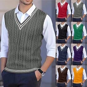 Men's Sweater Sweater Vest Pullover Sweater Jumper Cable Knit Regular Tops Knitted Slim Fit Solid Color V Neck Knitwear Contemporary Casual Daily Wear Clothing