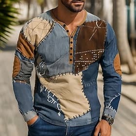 Men's Patchwork T Shirt Henley Shirt Tee Long Sleeve Vintage Designer Stylish Casual Daily Outdoor Spring  Summer Fall Blue Green Purple Coffee Henley Henley T