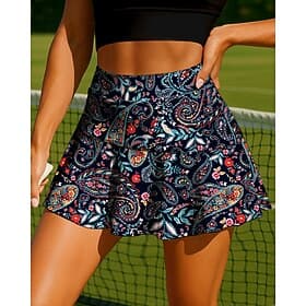 Women's Paisley Plants Floral Casual Skirt Tennis Skirts Patchwork Pocket 2 in 1 UPF50 UV Resistant Multi layer Volleyball Tennis Badminton Shorts Skirt Black