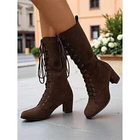 Women's Brown Suede Lace-Up Boots - Modern Vintage Mid-Calf Boots with Chunky Heels for Everyday Fashion,Fall Walks and Themed Costumes