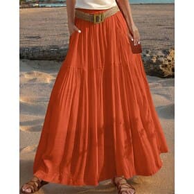 Femmes Taille Asiatique Occasionnel Été Midi Taille haute Jupes Couleur Unie Froncé Plissé Avec Poches Micro-Élastique Quotidien Vacances Vert pomme Rouge Bleu