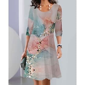 Per donna Abito Midi Abito Floreale Abito Stampato Classico Moderno All'aperto Vacanza Ferie Vestibilità regolare Fiore Manica 3/4 Girocollo Blu Rosa Blu marin