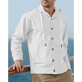 Men's Lightweight Jacket Casual Jacket Hoodie Jacket Vacation Daily Breathable Drawstring Pocket Spring Fall Plain Fashion Classic Hooded Regular Black White Y