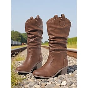 Women's Brown Slouchy Mid-Calf Boots – Chunky Heel Western-Style Boots for Fall Fashion, Outdoor Events and Casual Days