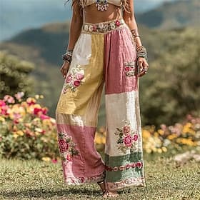 Femmes Jambe large Pantalons Pantalon palazzo ancien Boho Longueur complète Taille haute Bloc de Couleur Fleur Taille Élastique Impression Respirabilité Confor