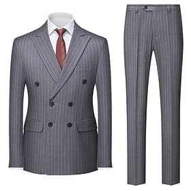 Men's Wedding Suits Casual Business Dark Grey Fall Suit Peaked Lapel Formal Striped Slim Fit 2 Piece Double Breasted Six-buttons