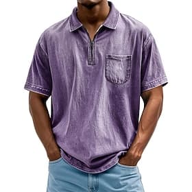 SoftFade™ Men's Polo Shirts Quarter Zip Polo Daily Wear Date Quarter Zip Short Sleeve Fashion Basic Plain Pocket Distressed Summer Regular Fit Blue Black Pink