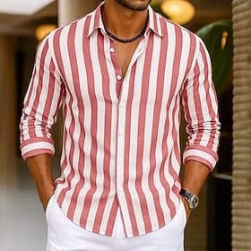 Men's Shirt Linen Shirt Summer Shirt Beach Shirt Cotton Linen Shirt Striped Shirts Striped Vacation Casual Yellow Pink Blue Green Long Sleeve Turndown Summer S