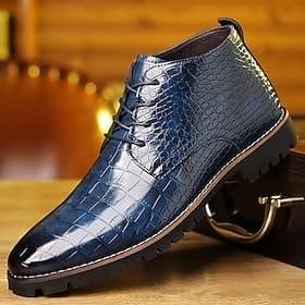 Men's Blue Crocodile Pattern Faux Leather Ankle Boots – Formal Lace-Up Dress Shoes for Business and Evening Events