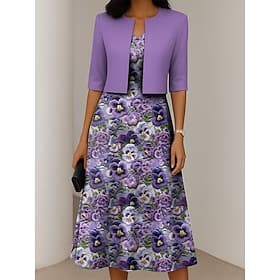Per donna Insieme del vestito Abito a trapezio Elegante Casual Floreale Grafico Stampato Abito Midi Mezza Manica Girocollo Vacanza Formale Blu Viola Blu scuro