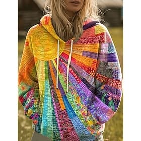 Women's Pullover Hoodie Sweatshirt Print Front Pocket Graphic Rainbow Casual Boho Long Sleeve Hooded Regular Tops Street Dailywear Blue Yellow Pink Orange Fall
