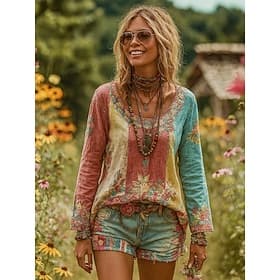 Women's T shirt Long Sleeve Graphic Plants Bohemia Vintage Stylish Long Sleeve Round Neck Regular Tops Daily Weekend Print Yellow Pink  Spring Prefall