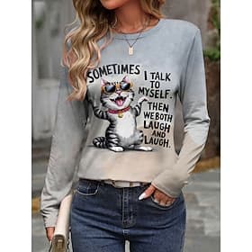 Women's T shirt Long Sleeve Graphic Animal Cat Vintage Fashion Stylish Long Sleeve Crew Neck Round Neck Regular Tops Daily Weekend Print Gray  Spring Fall Pref