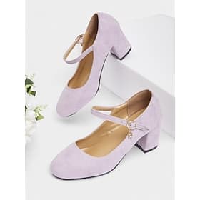 Women's Lilac Suede Mary Jane Block Heel Pumps – 1950s Vintage Style Round Toe Dress Shoes with Ankle Strap for Weddings, Parties, and Retro-Inspired Outfits