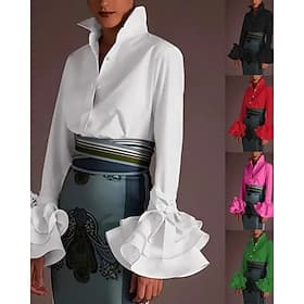 Women's Shirt Blouse Ruffle Plain Stylish Modern Long Sleeve Shirt Collar Regular Tops Holiday Going out Black White Red Green Rose Pink Fall