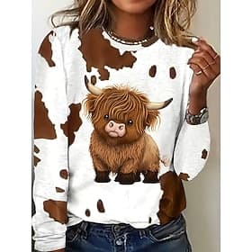 Women's T shirt Long Sleeve Graphic Animal Cow Vintage Stylish Casual Long Sleeve Crew Neck Regular Tops Daily Print Light Brown  Spring Fall Prefall