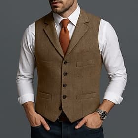 Men's Vest Waistcoat Formal Wedding Vacation Daily Fashion Classic Spring Fall Pocket Buttons Wool Acrylic Comfortable Plain Herringbone Single Breasted Lapel