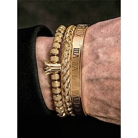 Men's Gold Stainless Steel Bracelet Set – 3-Piece Crown Beaded, Braided Cuff, and Roman Numeral Bangle for Fashionable Outfits, Parties and Special Occasions