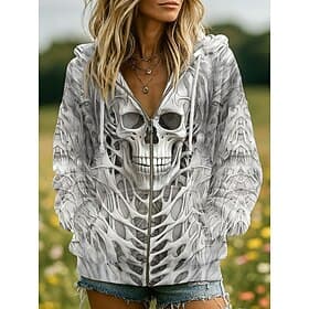 Women's Zip Up Hoodies Skulls Graphic Pumpkin Fashion Casual Long Sleeve Hooded Regular Tops Street Dailywear Zipper Pocket Print Black Red Orange Brown Gray S