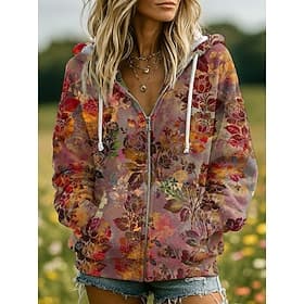 3D-Druck Vintage Boho Kapuzenpullover Damen Patchwork Kapuzenpullover Sweatshirt Floral Reißverschluss Mode Lässig Langarm Kapuzen Street Alltagskleidung Patch