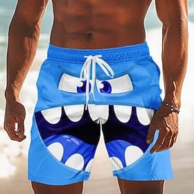 Men's 3D Cartoon Smile Face Big Eyes Swim Trunks Swim Shorts Board Shorts Mid Waist Funny Outdoor Vacation Dailywear Side Pockets Mesh Lining Elastic Drawstrin