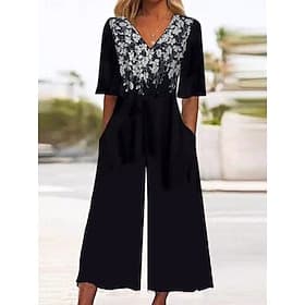 Women's Normal Jumpsuit Active Floral 3/4 Length Sleeve Wide Leg V Neck High Waist Vacation Daily Regular Fit Black Red Blue Summer