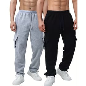 Multi Packs 2pcs Men's blackdark grey Sweatpants Cargo Sweatpants Drawstring Elastic Waist Plain Vacation Daily Wear Polyester Fall