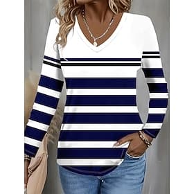 Femmes T-shirt Imprimé Graphique Géométrique Rayé ancien Élégant Classique manche longue Col en V Hauts Réguliers Quotidien bleu marine Printemps Automne Hiver