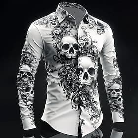 Men's Costumes Skulls Flowers Shirt Button Up Shirt Casual Dress Shirt Long Sleeve Dark Gothic Style Holiday Summer Spring Turndown 3D Print Collared Shirts Wh