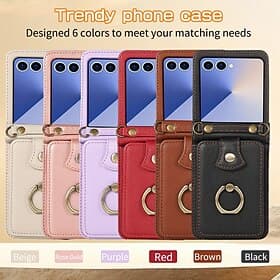 Phone Case For Samsung Galaxy Z Flip 7 Z Flip 6 Z Flip 5 Z Flip 4 Back Cover with Lanyard Kickstand Card Slot Retro TPU PU Leather