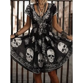 Frauen Totenkopf Druck Mini Kleid Lässiges Kleid T-Shirt Kleid Tee Kleid Sommerkleid A-Linie Kleid Urlaub Lässig Boho Strand Grafik Totenkopf Kurze Ärmel V-Aus