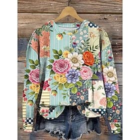 Women's Pullover Print Floral Graphic Warm Classic Casual Long Sleeve Crew Neck Regular Tops Casual Home Street Blue Yellow Pink Green Fall Winter