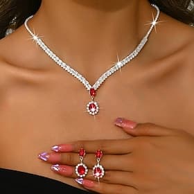 Jewelry Set 3pcs Rhinestone Chrome Earrings Necklace Women's Elegant Vintage Dainty Geometrical Geometric Jewelry Set For Wedding Party Wedding Guest