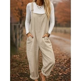 Salopettes pour femmes 100% coton légères Uni sans manches Droites Col carré avec poche Vacances Quotidien Coupe ample Vert armée Rouge Bleu Été