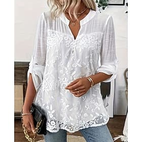 Femmes Chemise Dentelle Couleur Unie Élégant Basique Occasionnel manche longue Col en V Hauts Réguliers Quotidien Sortir Blanche Printemps Automne