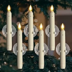 6 PCS  Window Candles With Sensor Dusk to Dawn - Ivory Stripped Candlesticks With Suction Cups, Roman Column Battery Operated Flameless LED Taper for Christm (