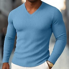 Herren T Shirt Muskelshirt Geripptes Strick-T-Shirt T-Shirt Langarm V Ausschnitt Frühling Herbst Winter Einfach Grubenstreifen Mode Designer Basic Stricken Läs thumbnail 2