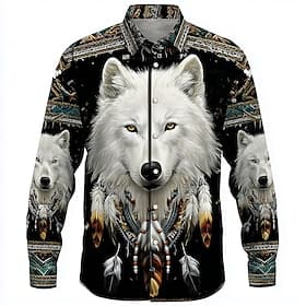 Men's Wolf Dream Catcher Ethnic Shirt Button Up Shirt Long Sleeve Vintage Retro Outdoor Camping  Hiking Hunting Spring Fall Turndown 3D Print Collared Shirts B