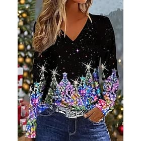 Christmas Women's T Shirt Graphic Vintage Stylish Classic Long Sleeve V Neck Regular Tops Daily Print Black Wine Red Blue Green Spring Fall Winter