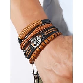Herenset van echt leer met meerdere lagen - boho kralen armband met levensboommotief voor casual, feest en reizen