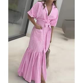Women's Long Dress Maxi Dress Shirt Dress Modern Daily Outdoor Vacation Regular Fit Striped Short Sleeve Crew Neck Shirt Collar Magenta Black Pink Red Spring F