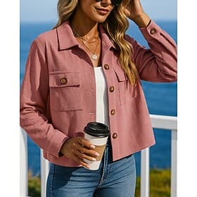 Women's Solid Colored Lounge Croppped Jacket Corduroy Jacket Fall Buttons Long Sleeve Athleisure Outdoor Travel Sports Black Pink Khaki Sportswear Activewear