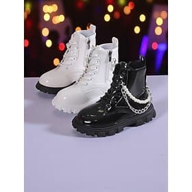 Chaussures de costume de pop star inspirées des idoles coréennes, bottes de combat pour filles avec semelle épaisse, design à lacets et détail de chaîne de per