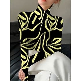 Women's T Shirt Graphic Geometry Elegant Vintage Stylish Long Sleeve Turtleneck High Neck Regular Tops Going out Blue White Yellow Red Fall Winter