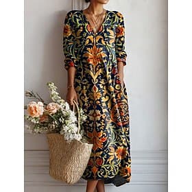 Femmes Robe Midi Robe trapèze Vacances Occasionnel Quotidien Coupe régulière Fleuri Graphique manche longue Col en V Rose Claire bleu marine Bleu Vert Printemp